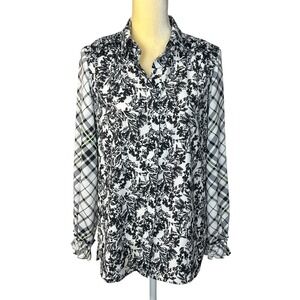 Escada‎ Sport Black & White Floral Plaid Long Sleeve Button Down Shirt 34- Small